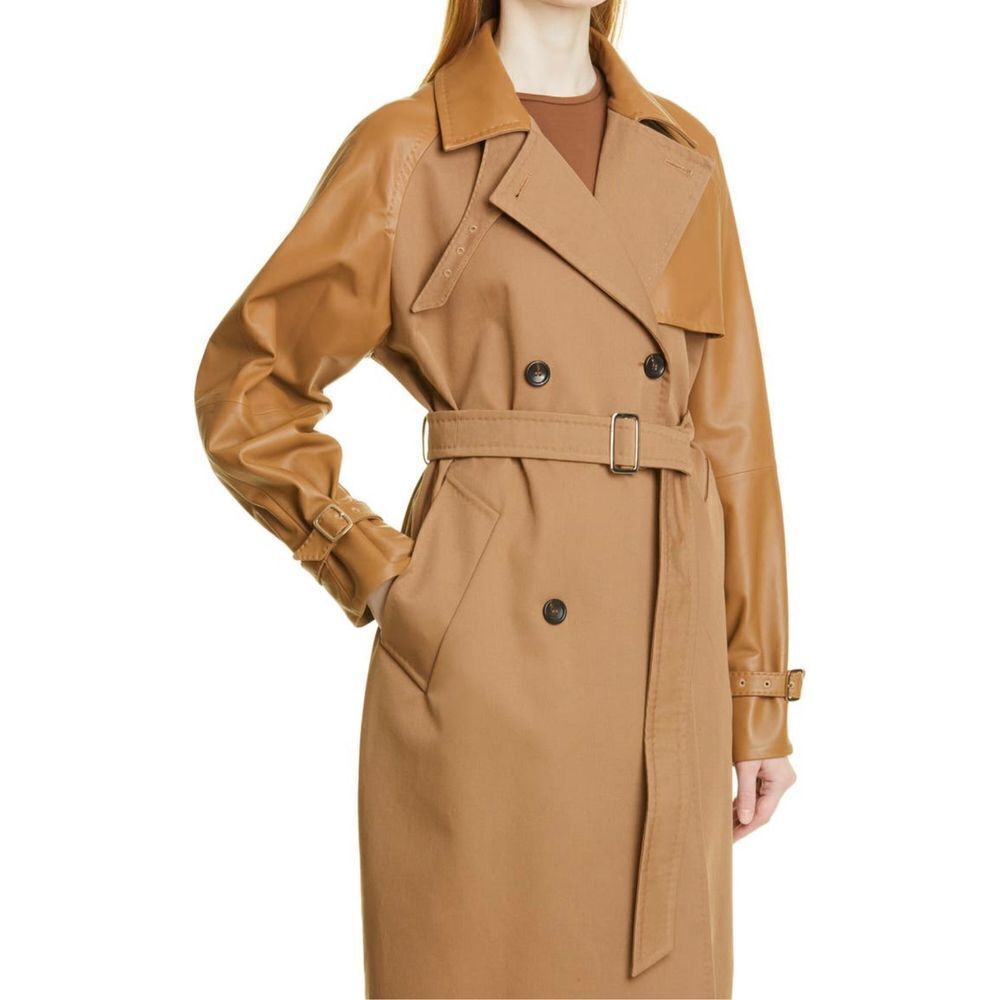Max Mara Lichene Cotton & Leather Tan Belted Trench Coat Classic Size 8 - Picture 9 of 16